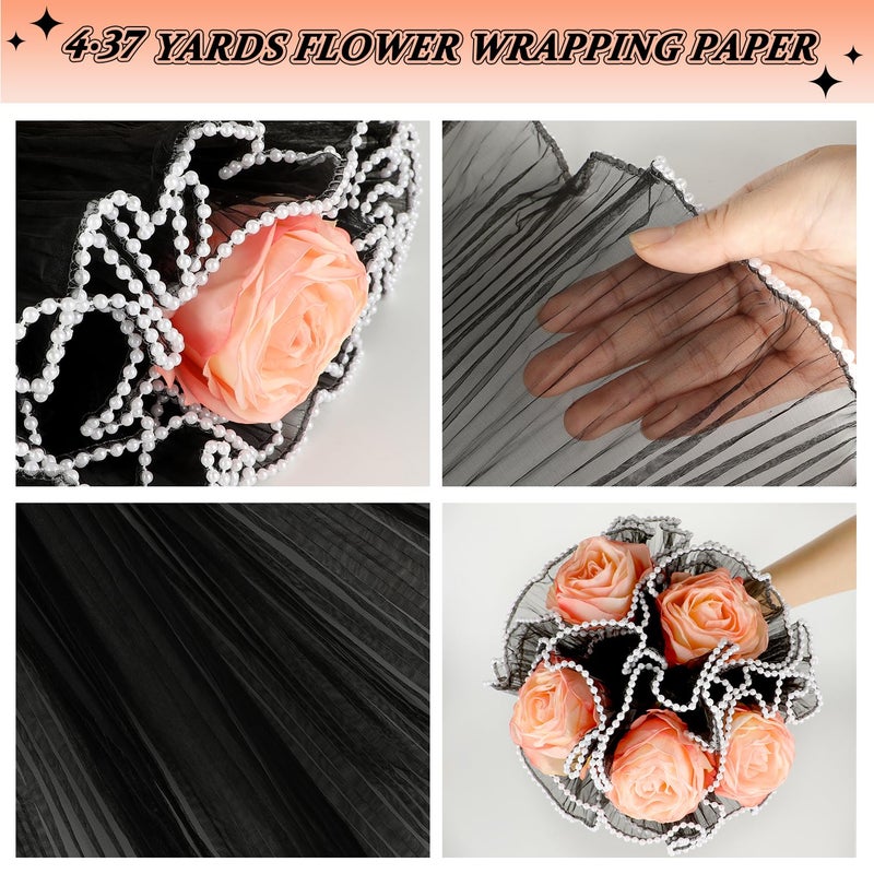 rolyta Flower Wrapping Paper Pearl Edge, 4.37 Yards Pearl Mesh for Bouquets, Black Bouquet Wrapping Mesh Paper for DIY Crafts, Party Favor Decor, Wedding, Valentine's Day - Image 3